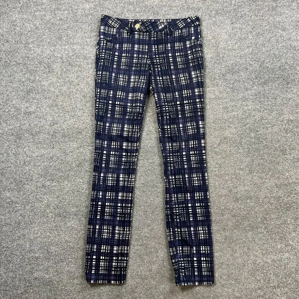 Tory Burch Pants Womens 27 Navy Cotton Blend Plaid Corner Tab Front Skinny Ankle